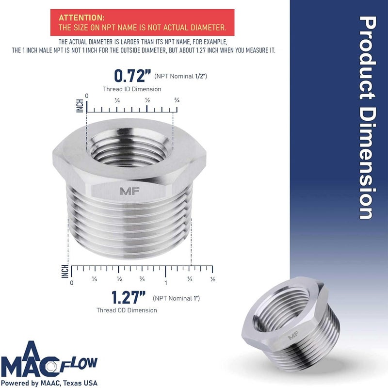 MAACFLOW Stainless Steel 1" Male NPT to 1/2" Female NPT Adapter Reducer Hex Bushing (Thread OD 1.27" - ID 0.72") (Pack of 1) - Image 2